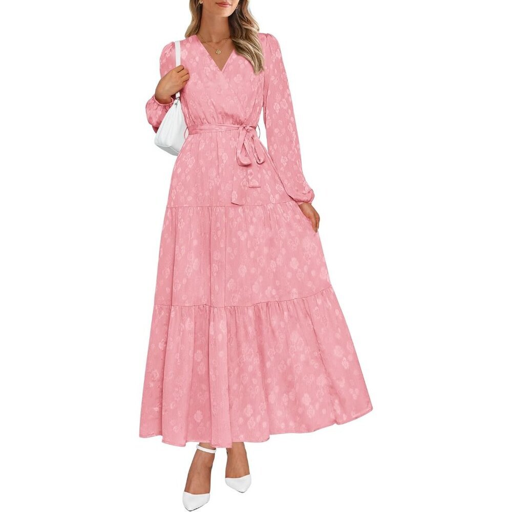 PrettyGarden Women Light Pink Polyester V Neck Long Sleeve Floral Maxi Dress